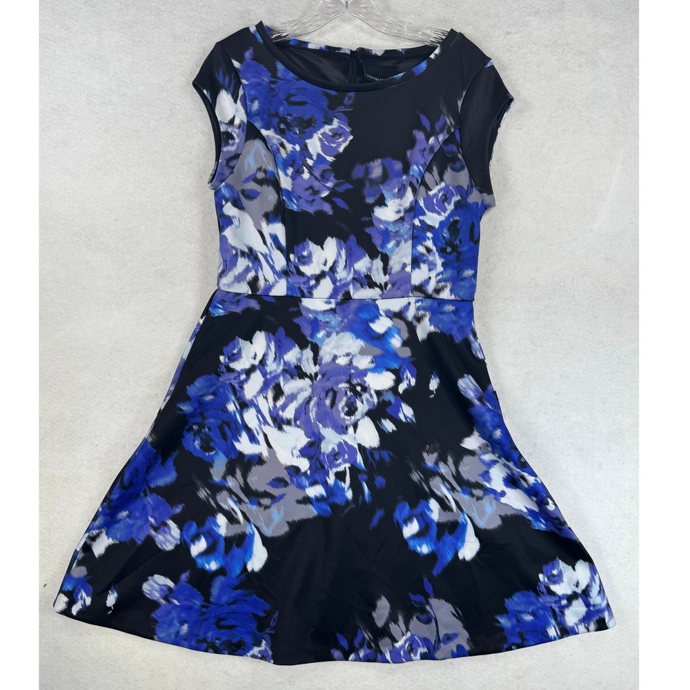 Cynthia Rowley Blue Floral Fit and Flare Dress Cap Sleeve Size 6 Black Purple